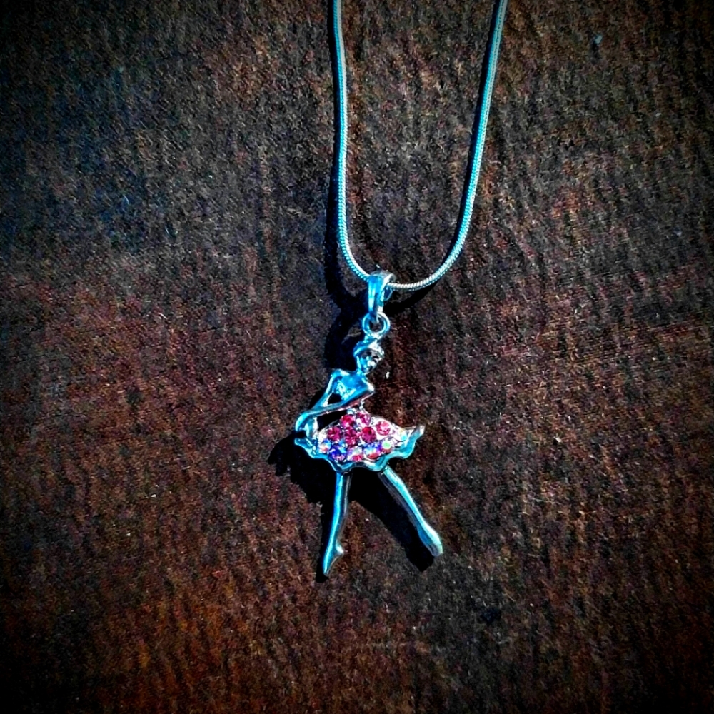 Silver tone and crystals ballerina pendant and 16" necklace
